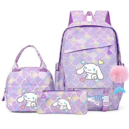 3Pcs Cinnamoroll Fish Scale Kid Backpack With Mermaid Pendant Lunch Girl School Bag Children Schoolbag For Teenage Girls