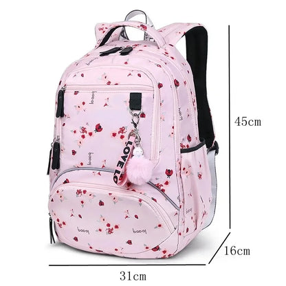 School Backpacks Girls 2024 Flower Print Backpack Women Pink Black School Bag Junior High School Students Mochilas Escolares New