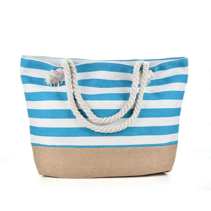 Striped Zipper Outer Bag For Outdoor Travel Vacation Waterproof Canvas Shoulder Bag Convenient Folding Beach Bag Shopping Totes
