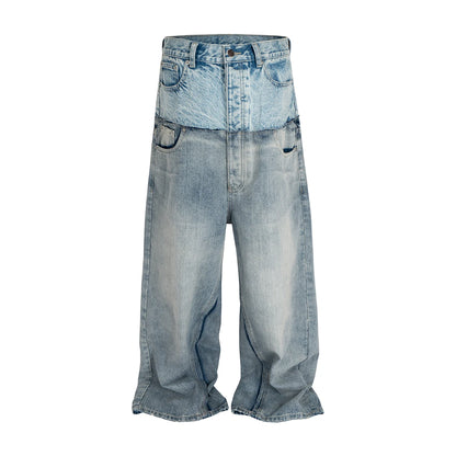 Three Waisted Camouflage Cargo Pants for Men Streetwear Patchwork Baggy Jeans Wide Leg Casual Loose Denim Trousers Oversized