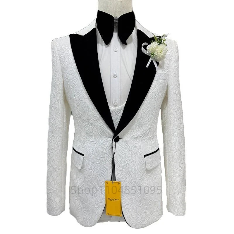 Ivory Jacquard Men Suits Black Peak Lapel Blazer Wedding Tuxedo Terno Masculino Prom Groom 3 Pcs Slim Fit Costume Homme Sets