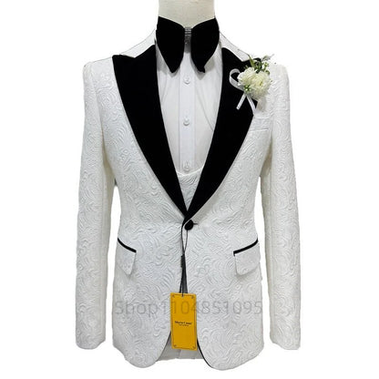 Ivory Jacquard Men Suits Black Peak Lapel Blazer Wedding Tuxedo Terno Masculino Prom Groom 3 Pcs Slim Fit Costume Homme Sets