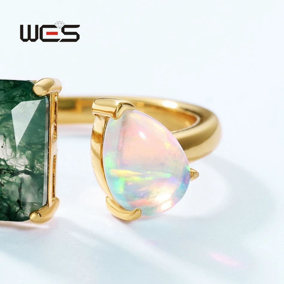 WES 925 Sterling Silver Geometric Natural Moss Agate Adjustable Rings for Women Gemstone Opal Gold Plated Certified Jewelry Band