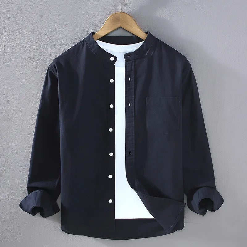Japanese Mens Linen Cotton Thin Shirt Harajuku Stand Collar Long Sleeve Solid Color Shirts Male Casual Breathable Classical Tops