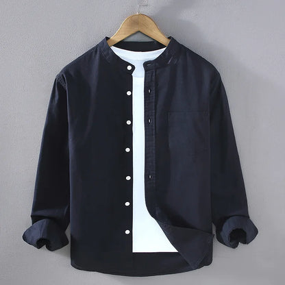 Japanese Mens Linen Cotton Thin Shirt Harajuku Stand Collar Long Sleeve Solid Color Shirts Male Casual Breathable Classical Tops