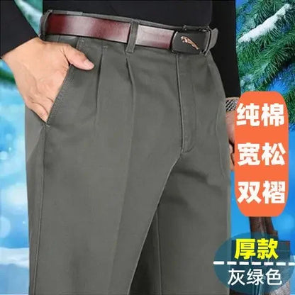 Men's Autumn Thick Cotton Classic Solid Color Casual Pants Bland High Waist Trousers Business Office Pants Clothing A240