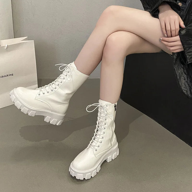 Botas MujerFashion Versatile Women Shoes Spring New British Style Women's Boots Thick Soled Anti Slip Women's Long Leather Boots