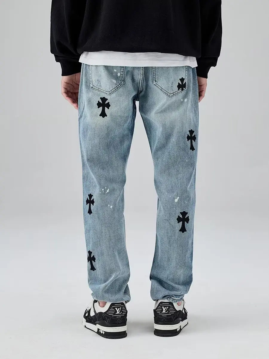 European and American high street cross horn jeans men's hip-hop casual retro trend brand straight tube loose long pants trend