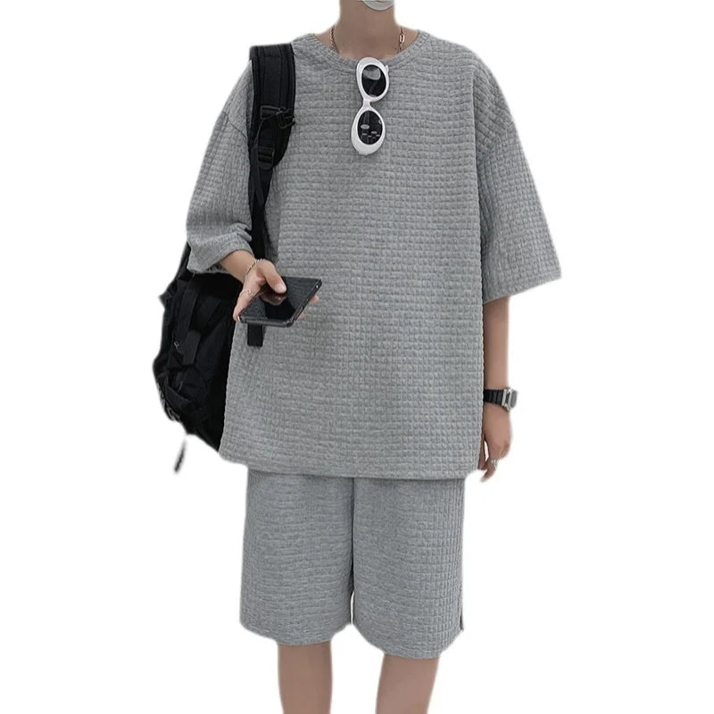 Ice Silk ort Sve Sportswear Set for Men Summer Casual Leisure Five-Quarter Pants Teenage Brand T-irt ort Pants Set