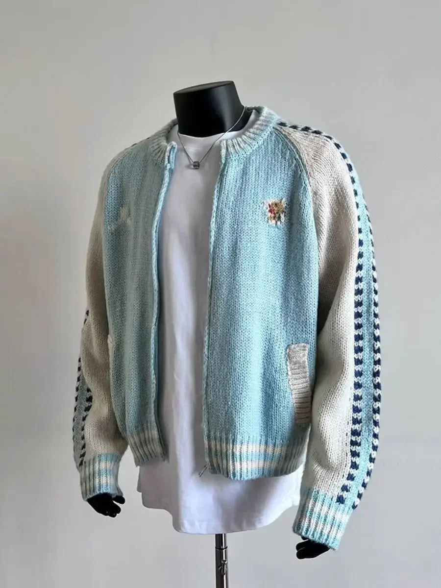 Retro Contrast Color Splicing Cardigan Couple Sweater Street Casual Loose Sports Y2K Top American Trendy Jacket Knitted Sweater