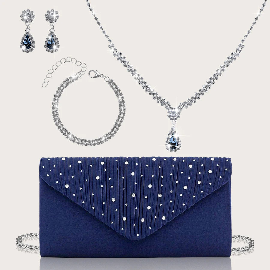 Sparkling and Luxurious Rhinestone Party Women's Clutch Bag with Gorgeous Rhinestone Pendant Necklace, Earrings, Bracelet Set, Especially Suitable for Party Girls, Brides, College Students' Evening Bag, Shoulder Crossbody Bag