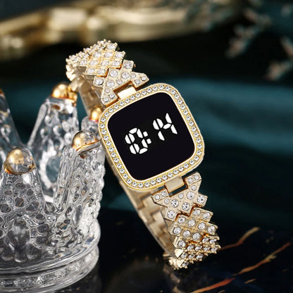 2PCS Watch Set Fashion Alloy Women's Shiny Square Rhinestones LED Digital Touch Watch 27576569047