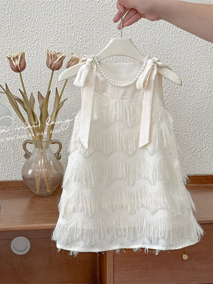 Girls Casual Dresses Fringe Bow Princess Dress Sleeveless Halter Dress for Kids White Princess Dress for Girls 2 To 7 Years