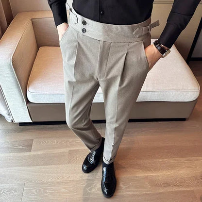 Autumn Winter High Waist Business Dress Pants Men Casual Belt Design Slim Suit Pants Formal Wedding Social Party Male Trousers