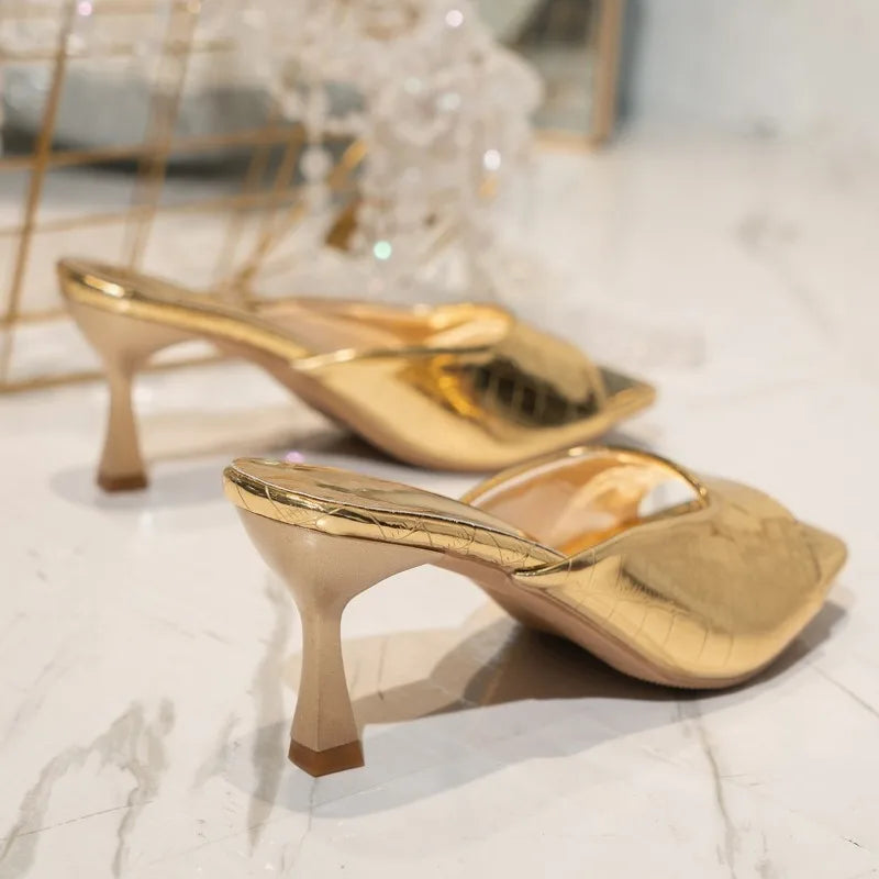 New Style Fine Heeled Slippers Women Fashion Square Head Bright Leather Set Foot Anti-slip Wear-resistant High-heeled Sandals