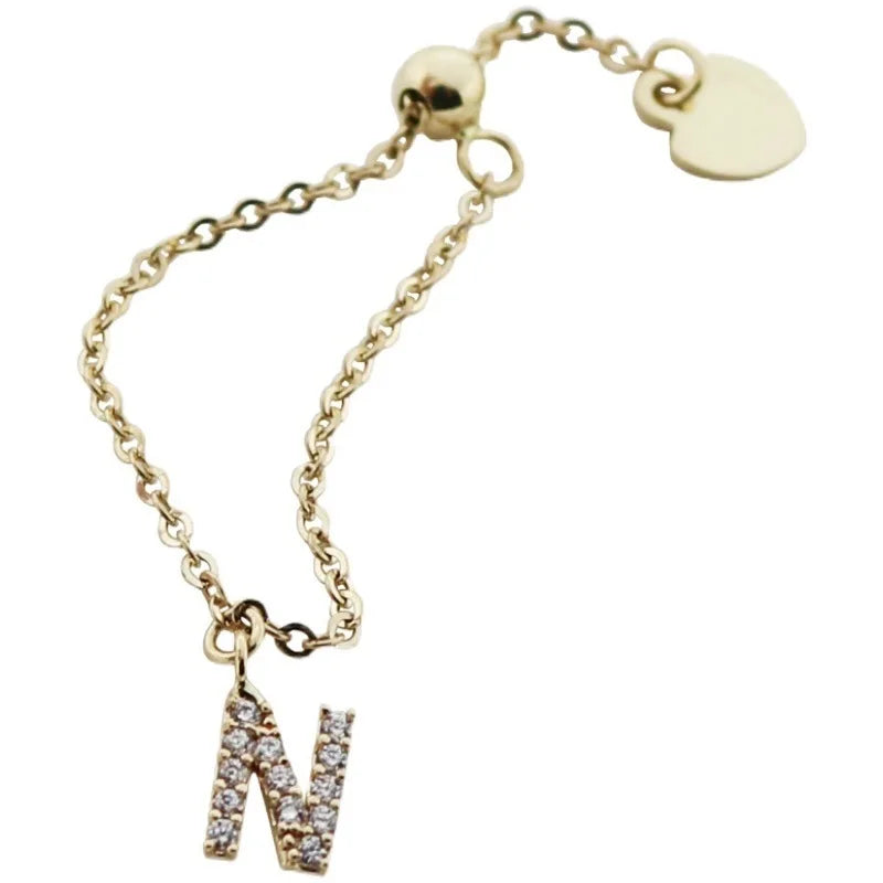 925 Sterling Silver Electroplated 18K Gold Inlaid Zircon Letter Chain Ring for Women Fashionable Simple Adjustable Ring