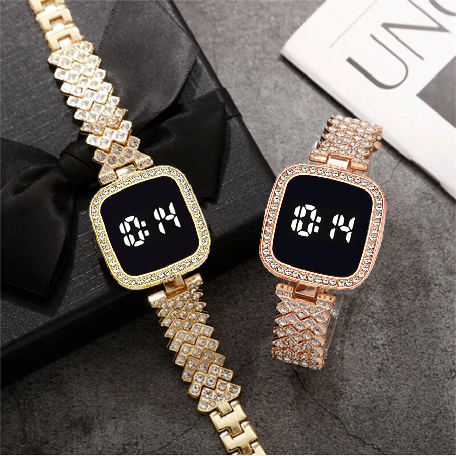 2PCS Watch Set Fashion Alloy Women's Shiny Square Rhinestones LED Digital Touch Watch 27576569047