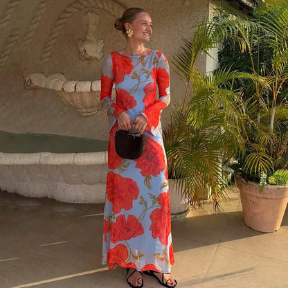 Blifanbo Print Flower Elegant Maxi Dress Women O Neck Fashion Long Sleeve Slim Sexy Print Patchwork Female Holiday Long Dress