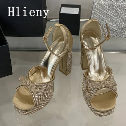 Hlieny Fashion Bowknot Crystal Open Toe Platform Sandals Women Summer Chunky Buckle Strap Square High Heels Party Dress Shoes