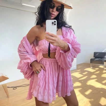 2024 Summer Casual Loose Green 3 Piece Sets Women Outfit Fashion Long Sleeve Top + Tube Top Matching High Waist Shorts Set New