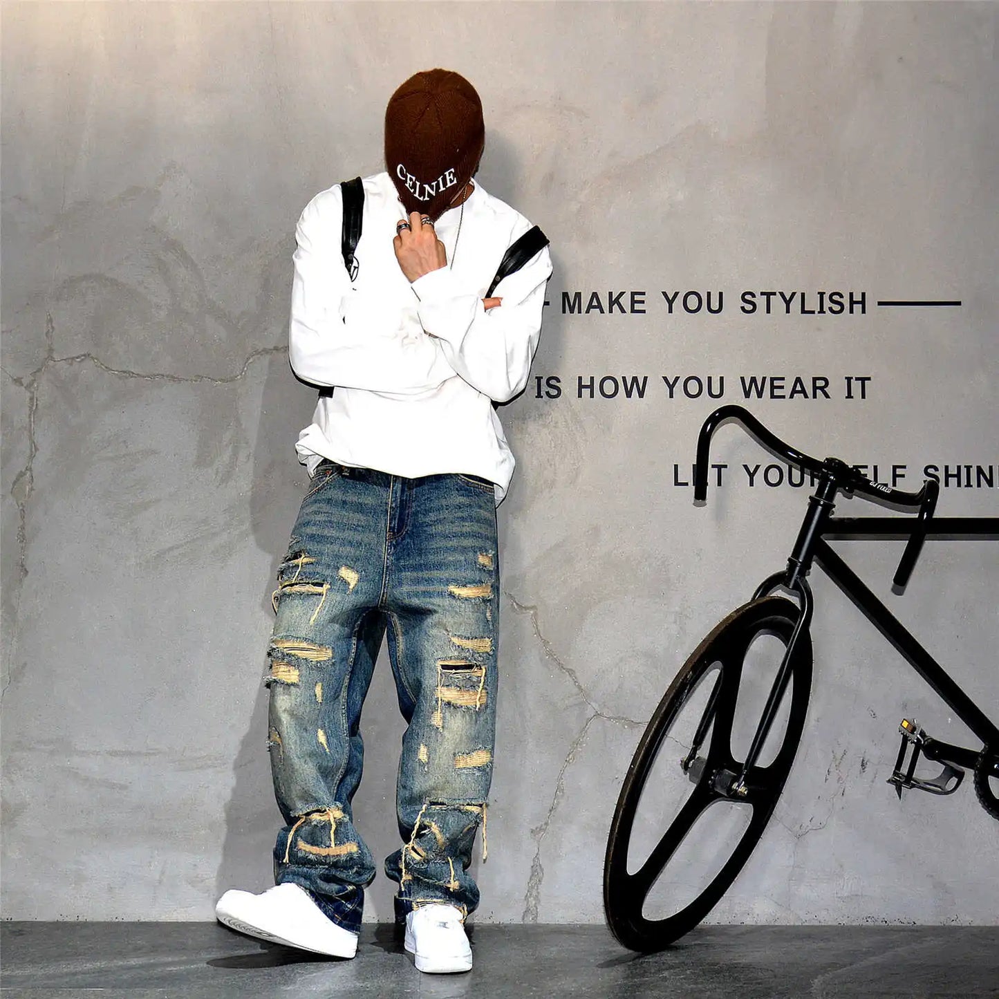 Mens Ripped Baggy Jeans Distressed Denim Streetwear Skateboard Pants Straight Leg Patchwork Oversized Urban Fashion Workwear