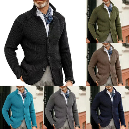 Men's Thicken Knitted Cardigan Sweater Autumn Winter Solid Color Fashion Slim Long-sleeved Stand-up Collar Knitting Jacket Coat