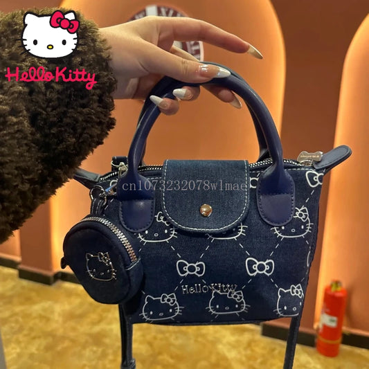 Hello Kitty Shoulder Crossbody Bag Cartoon Casual Cute Embroidery Zipper Denim Dumpling Bag Women Girls Gifts Y2k Messenger Bags