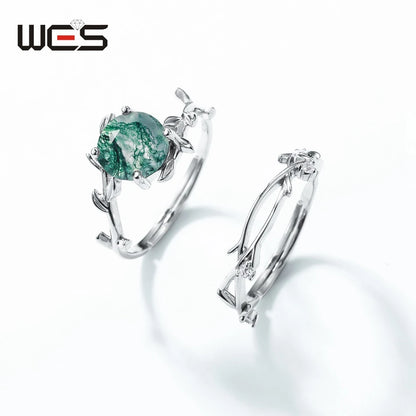 WES 925 Silver Unique Olive Branch Natural Gem 8*8mm Moss Agate Adjustable Ring Sets For Women Wedding Gifts Wholesale Jewelry