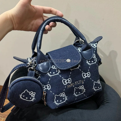 Hello Kitty Shoulder Crossbody Bag Cartoon Casual Cute Embroidery Zipper Denim Dumpling Bag Women Girls Gifts Y2k Messenger Bags