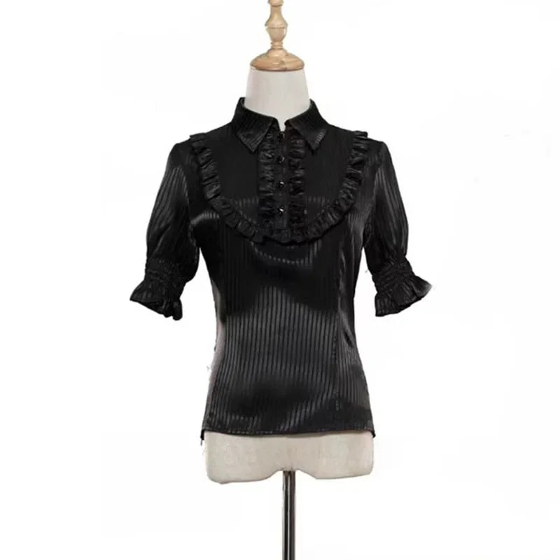 Victorian Gothic Lolita Blouses Women Japanese Y2k Chic Ruffle Striped Tops Vintage Elegant Office Lady Sweet Puff Sleeve Shirts