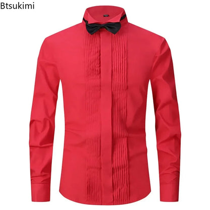 2025 Men's Tuxedo Long Sleeve Dress Shirts French Cufflinks Swallowtail Fold Design Party Prom Host Formal Shirt Gentleman Tops