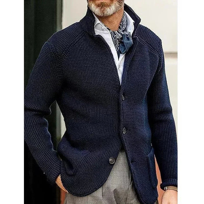 Men's Thicken Knitted Cardigan Sweater Autumn Winter Solid Color Fashion Slim Long-sleeved Stand-up Collar Knitting Jacket Coat