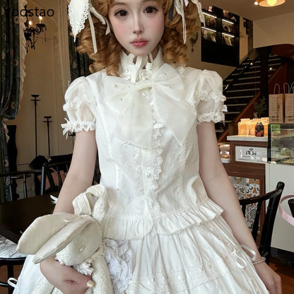 Japanese Vintage Elegant Lolita Shirt Women Classical Sweet Long Sleeve Ruffles Bow Casual Blouses Tops Victorian Gothic Blusas