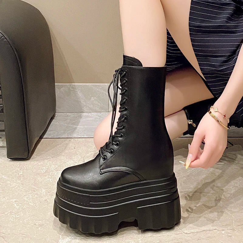 14CM Soft Leather Ankle Mid Calf Boots Winter Autumn High Platform Wedge British Booties Woman  Ladies Chunky Motorcycle Boots