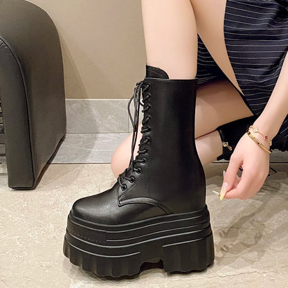 14CM Soft Leather Ankle Mid Calf Boots Winter Autumn High Platform Wedge British Booties Woman  Ladies Chunky Motorcycle Boots