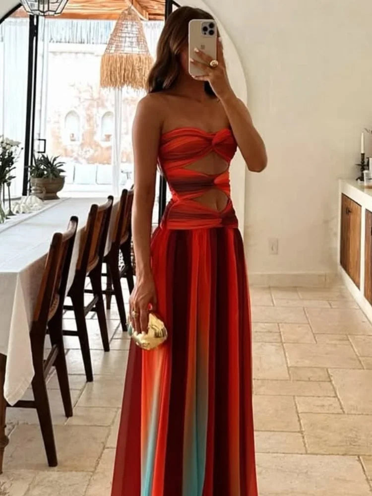 Sexy Printed Gradient Strapless Cut Out Dress Women's Backless Off Shoulder A-line Robes Female Summer Holidays Beachwear 2025