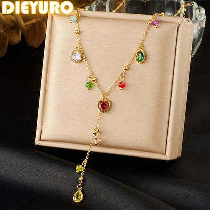 DIEYURO 316L Stainless Steel Color Zircon Heart Round Water Drop Tassel Pendant Necklace Women New Fashion Neck Chain Jewelry
