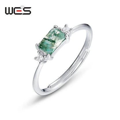 WES 925 Silver Geometric Adjustable Rings for Woman Natural Stone 4*6mm Moss Agate Crystal Wedding Gift Fine Jewelry Wholesale