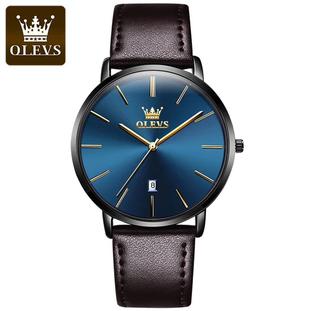 OLEVS 5869 Ultra Thin 6.5mm Quartz Watch for Men Fashion Leather Strap Simple Luxury Auto Date Clock Waterproof Men's Wristwatch