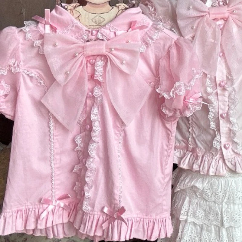 Japanese Vintage Elegant Lolita Shirt Women Classical Sweet Long Sleeve Ruffles Bow Casual Blouses Tops Victorian Gothic Blusas