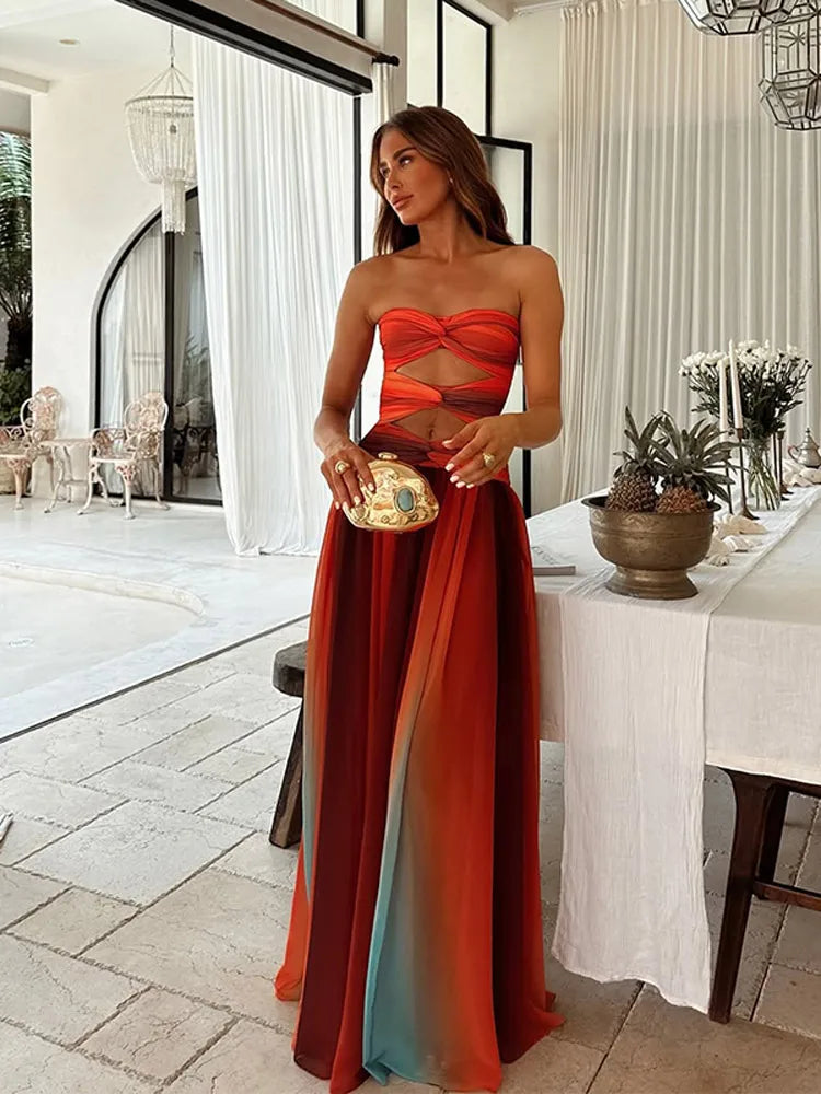 Sexy Printed Gradient Strapless Cut Out Dress Women's Backless Off Shoulder A-line Robes Female Summer Holidays Beachwear 2025