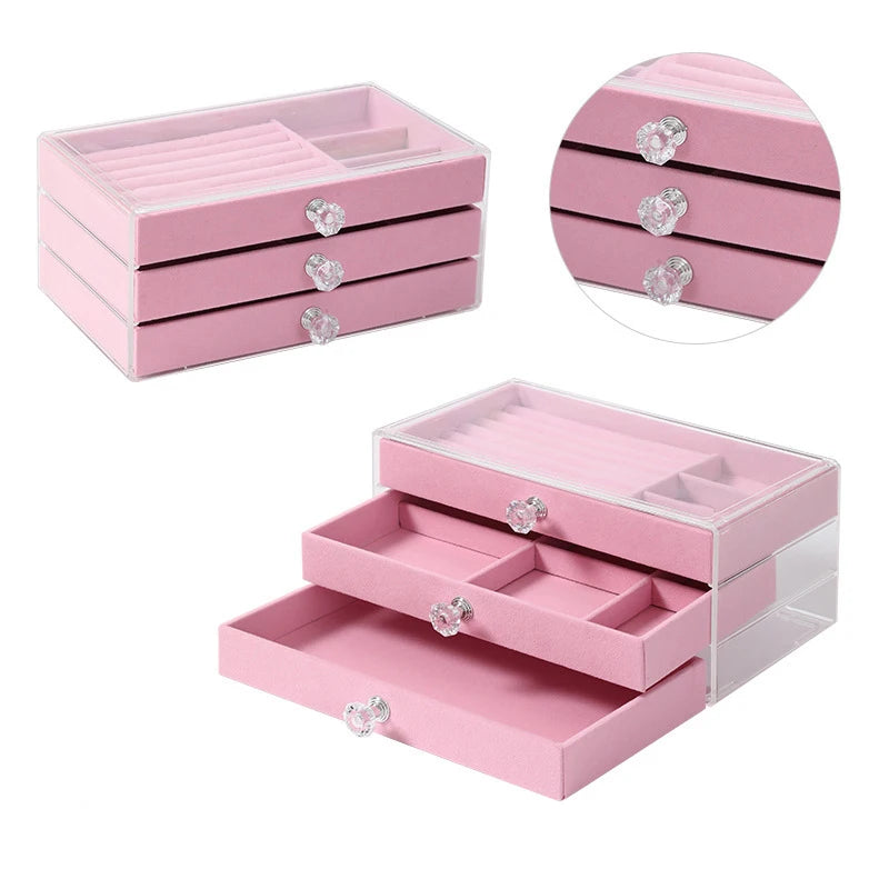 High-capacity Transparent Three-layer Flannel Jewelry Box Drawer Jewelry Box Earring Necklace Ring Dustproof Display Storage Box