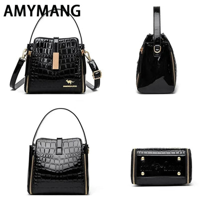 Women Patent Leather Handbag High Quality lnterior Slot Pocket Leather Bucket Bag Female Shoulder Bag Luxury Brand Crossbody Bag