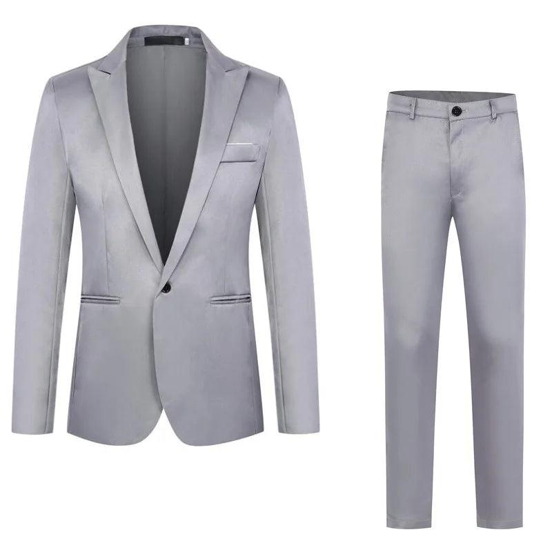 Spring Autumn New Fashion Men's Casual Trendy Slim 2 Pieces of Sets Suit Sets Solid Color Single-button Suit Blazers Pants Male