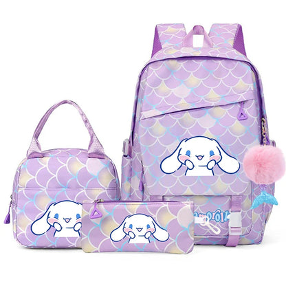 3Pcs Cinnamoroll Fish Scale Kid Backpack With Mermaid Pendant Lunch Girl School Bag Children Schoolbag For Teenage Girls