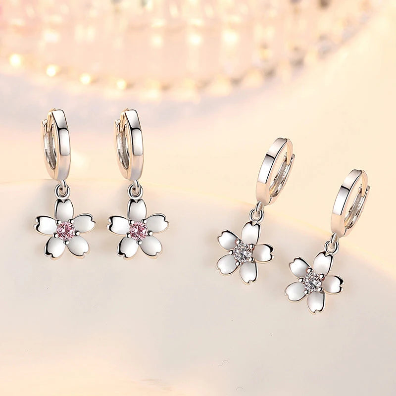 Simple Fashion 925 Sterling Silver Earrings For Women Cute Pink/White Zircon Cherry Blossoms Drop Earrings Pendientes