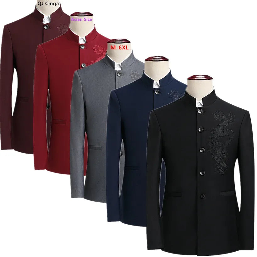 Elegant Black Chinese Dragon Embroidery Pattern Blazer for Men, Slim Fit Single-Breasted Gray Suit Jacket, Asian SizeM-6XL