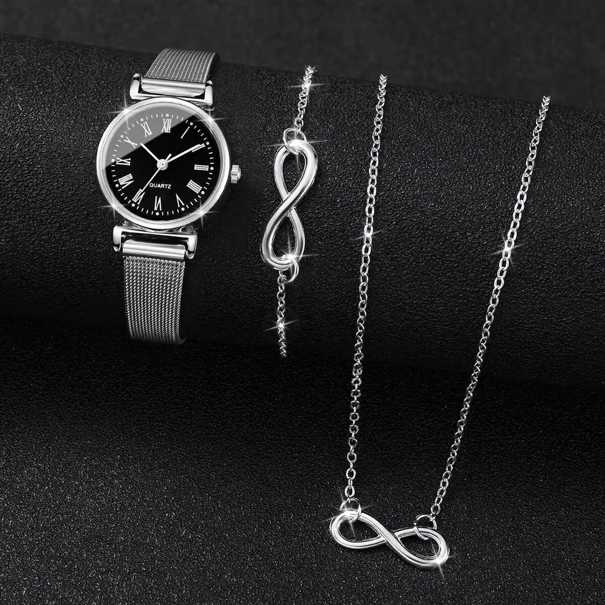 3PCS Fashion Roma Dial Women Watches Silver Mesh Band Quartz Wristwatches Jewelry Set Reloj Mujer（Without Box）