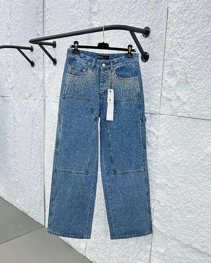 Vintage Full Diamond Sequined Shiny Jeans Y2K Clothes Mens Womens Harajuku Hip Hop Retro Baggy Jeans Low Waist Wide Leg Trousers