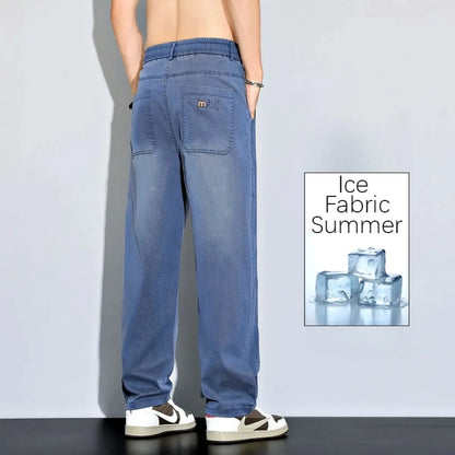 2025 New Ice Silk Thin Denim Jeans For Men Blue Straight Stretch Cotton Pants Business Casual Lightweight Trousers Spring Summer